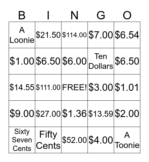 Money Bingo Card