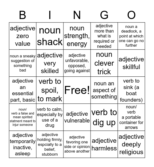SSAT Verbal Bingo Card