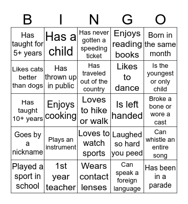 Get to Know You BINGO Card