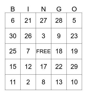 MONTH OF NUMBERS Bingo Card