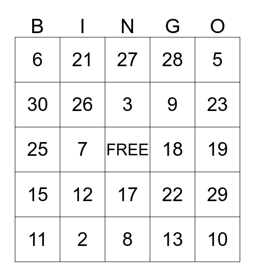 MONTH OF NUMBERS Bingo Card