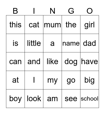 Sight Words: I - the Bingo Card