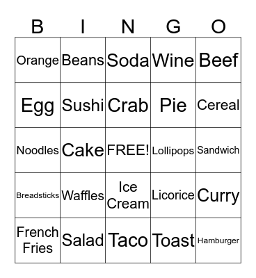 Food Bingo Card