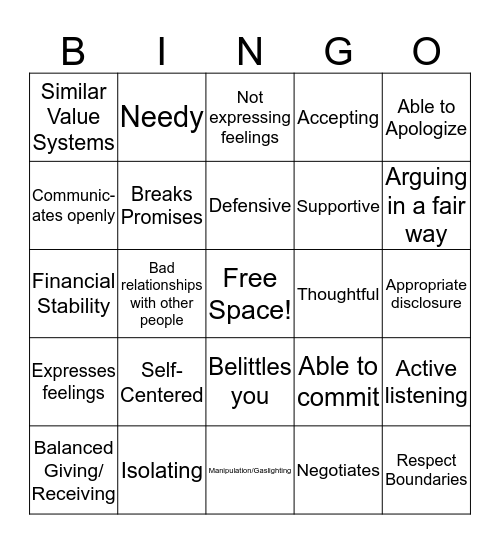 Healthy Relationships BINGO! Bingo Card