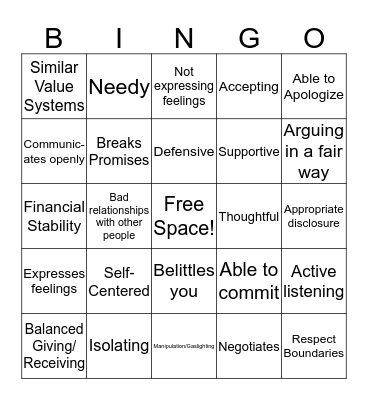 Healthy Relationships BINGO! Bingo Card