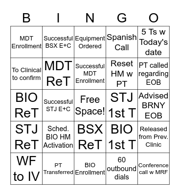 Patient Specialist Bingo Card