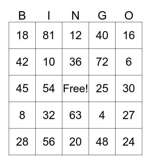 Multiplication Bingo Card