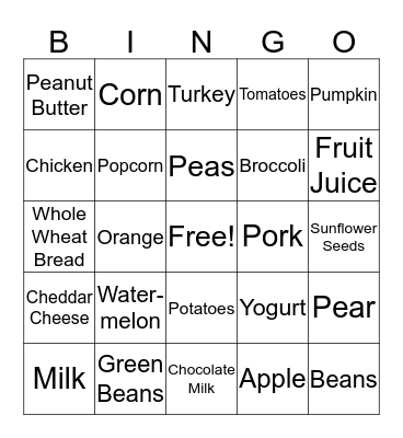 Healthy Food Bingo Card