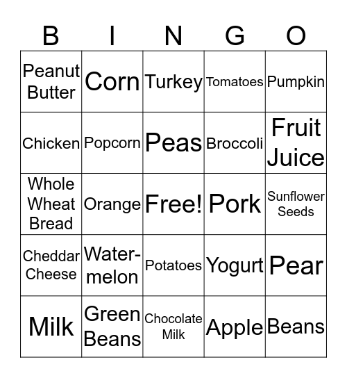 Healthy Food Bingo Card