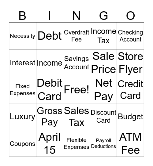 Money Management Bingo Card