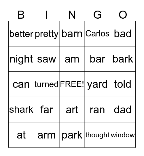Ar, Short A, and Words to Know Bingo Card