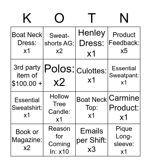 Kotn Bingo Card