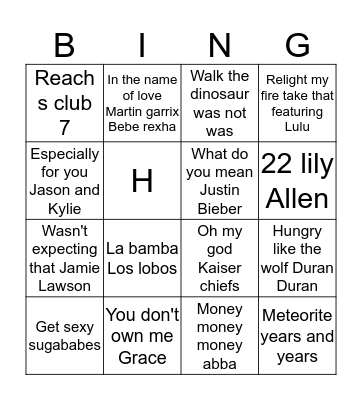 Rock and Roll Bingo 108 Bingo Card