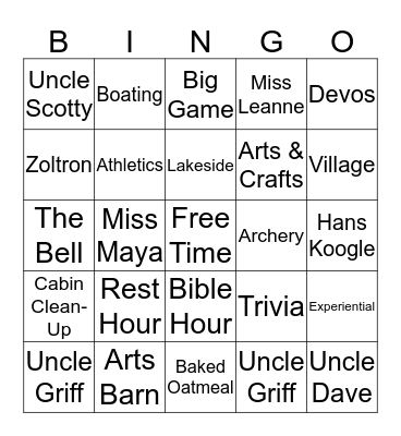 SQUANTO BINGO Card