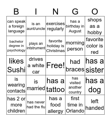 Getting to know you Bingo Card