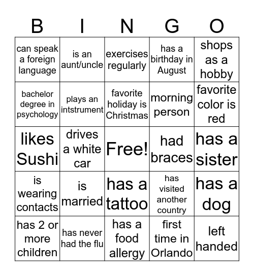 Getting to know you Bingo Card