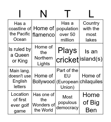 International Night Bingo Card