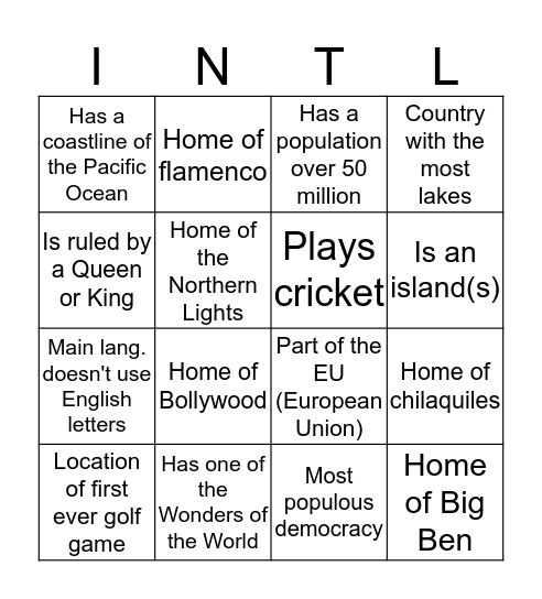 International Night Bingo Card
