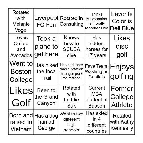 SLDP Bingo - Hopkinton Orientation Edition Bingo Card