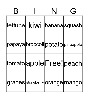 Fruits and vegetables Bingo Card