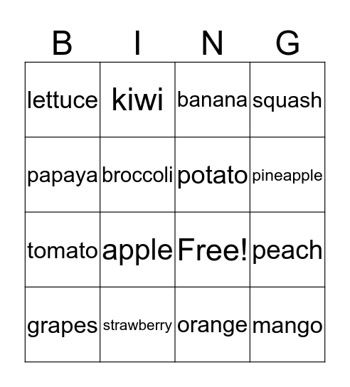 Fruits and vegetables Bingo Card