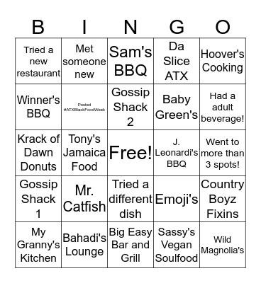 ATX Black Food Week 2019 Bingo Card