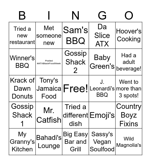 ATX Black Food Week 2019 Bingo Card