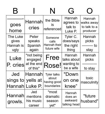 Bachelorette Bingo Episode 11 Bingo Card