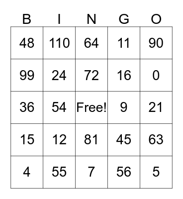 Multiplication & Division Bingo Card