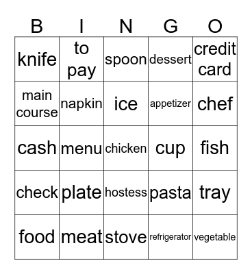 Restaurant/Cooking Bingo Card