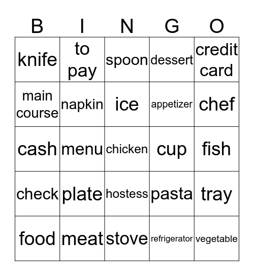 Restaurant/Cooking Bingo Card