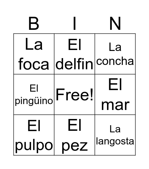 Animales del mar Bingo Card