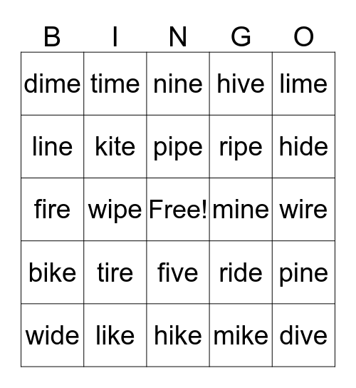 Long I Words Bingo Card