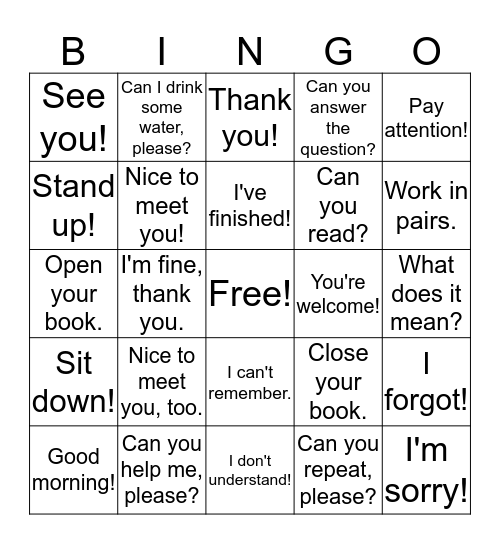 Classroom Language Bingo Card