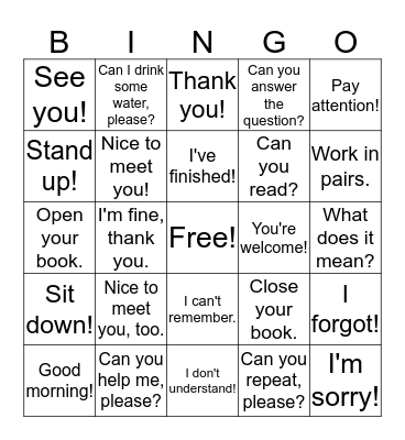Classroom Language Bingo Card
