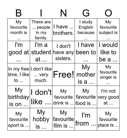 Let me introduce myself Bingo Card