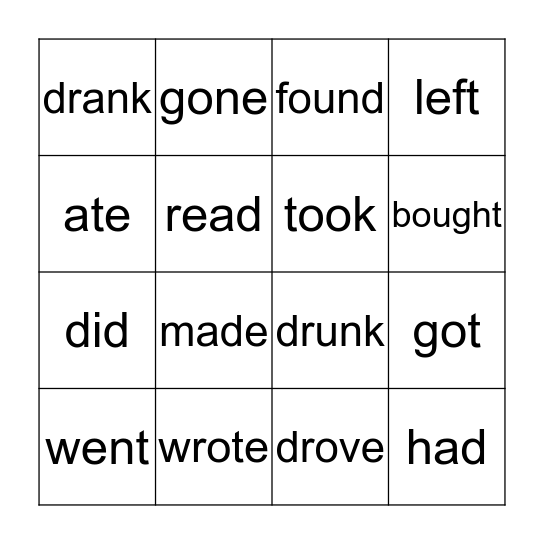 Irregular Verbs A1 Bingo Card