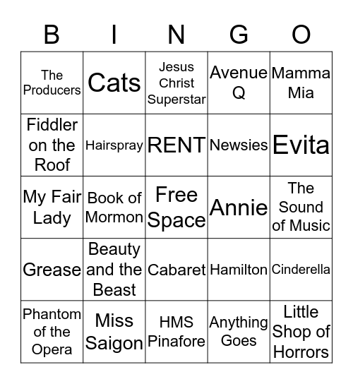 Musical Theatre Bingo Card