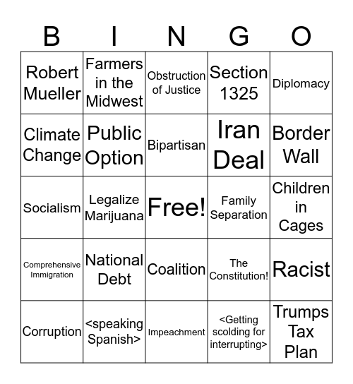 Democratic Debates 2020 Bingo Card