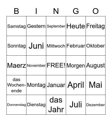 Wochentage/ Monate Bingo Card