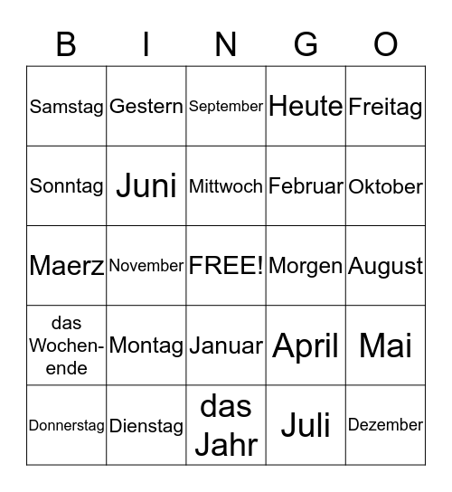 Wochentage/ Monate Bingo Card