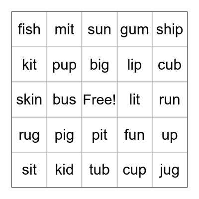 SHORT VOWEL 'I' & 'U' Bingo Card