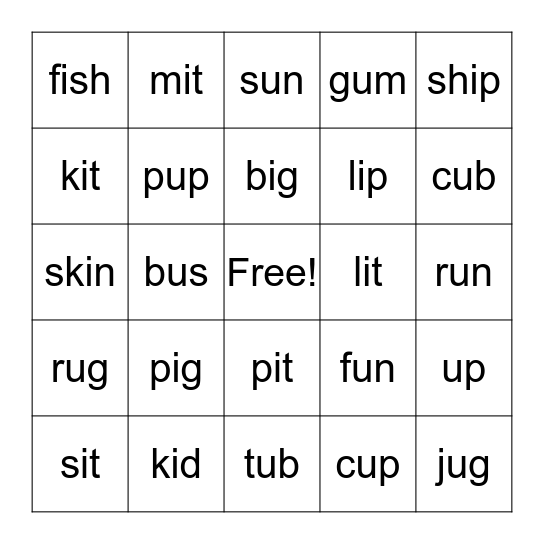 SHORT VOWEL 'I' & 'U' Bingo Card