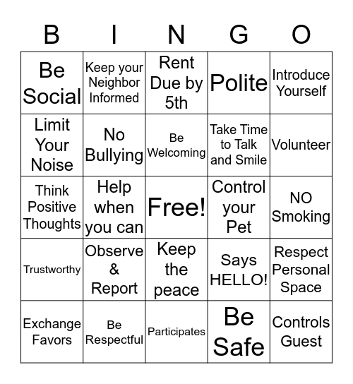 Being A Good Neighbor Bingo Card