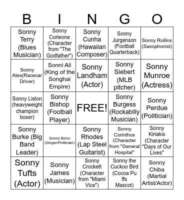 "Sonny" Day Bingo Card