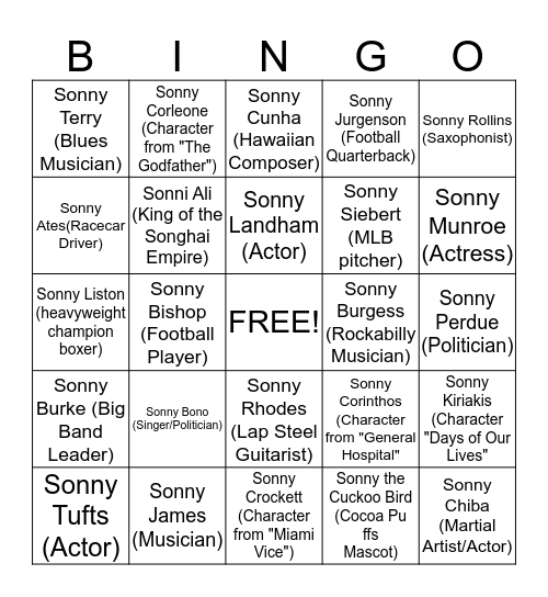 "Sonny" Day Bingo Card