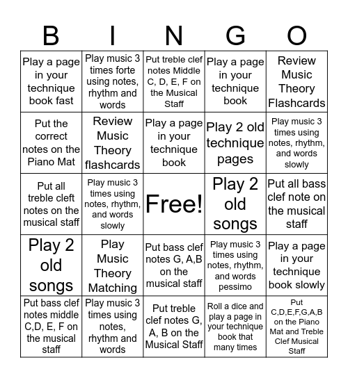 Music Practice Bingo Card
