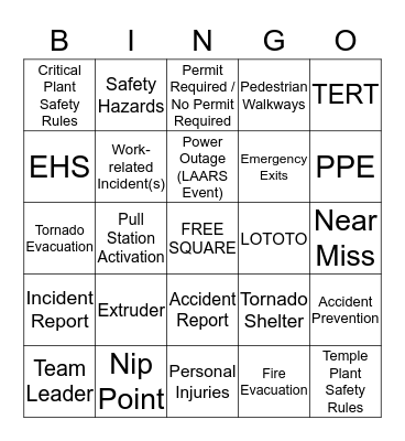 TEMPLE PLANT SAFETY BINGO Card