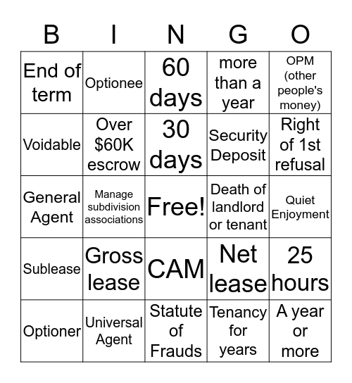 Leases Bingo Card