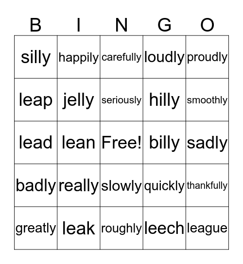 -ly words Bingo Card
